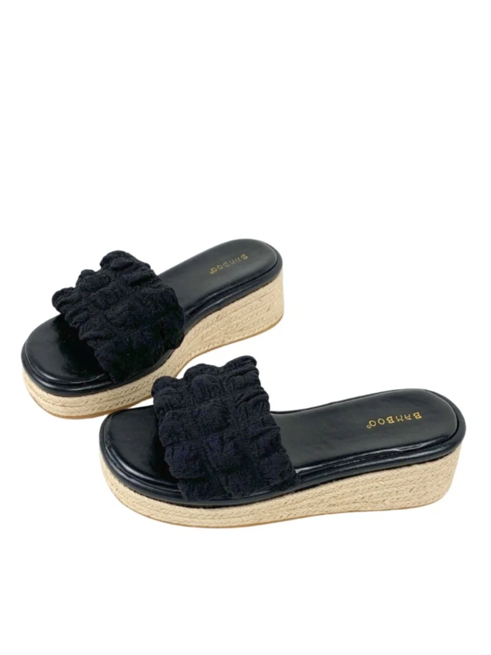 BAMBOO Black Scrunched Wedge Sandals Women's Size 8.5 Boho